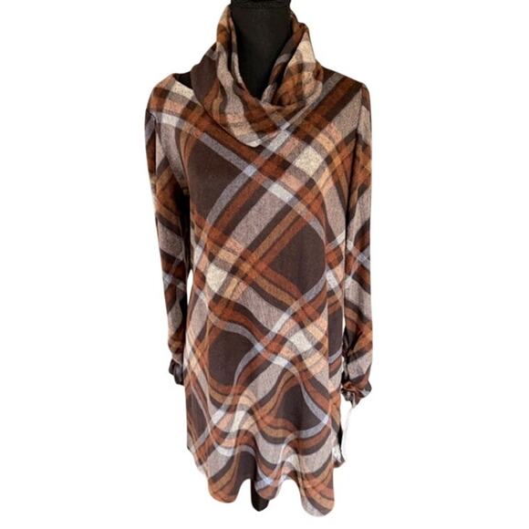 R&K Brown Plaid Dress w/ Detachable Cowl Neck Women’s Medium NWT - Picture 1 of 10